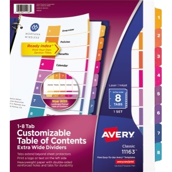 Avery Customizable Table of Contents Extra-Wide Dividers, Preprinted 1-8 Multicolor Tabs