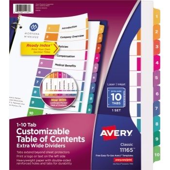 Avery Customizable Table of Contents Extra-Wide Dividers, Preprinted 1-10 Multicolor Tabs