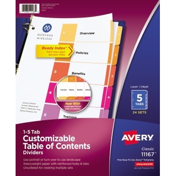 Avery Customizable Table of Contents Dividers, Ready Index&#174; Printable Section Titles, Preprinted 1-5 Multicolor Tabs, 24/BX