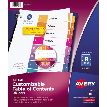 Avery Customizable Table of Contents Dividers, Ready Index&#174; Printable Section Titles, Preprinted 1-8  Multicolor Tabs, 24/BX