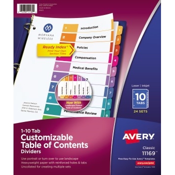 Avery Customizable Table of Contents Dividers, Ready Index&#174; Printable Section Titles, Preprinted 1-10 Multicolor Tabs, 24/BX
