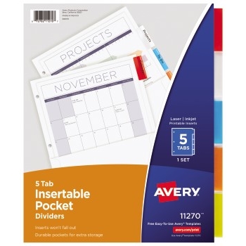 Avery Insertable Dividers with Pockets, 5-Tab Set, Multicolor