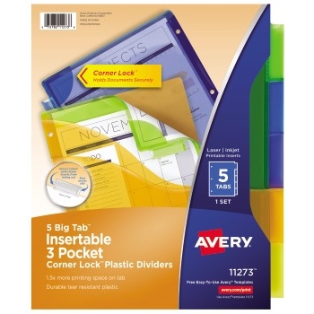 Avery Big Tab™ Insertable Three-Pocket Corner Lock&#174; Plastic Dividers, 5-Tab Set, Multicolor