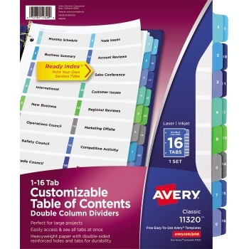 Avery Customizable Table of Contents Double-Column Dividers, Preprinted 1-16 Multicolor Tabs
