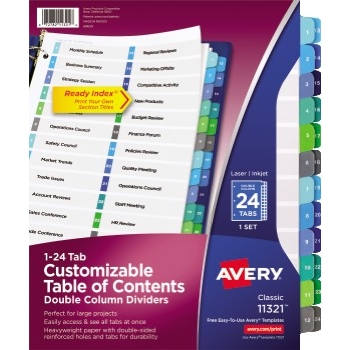 Avery Customizable Table of Contents Double-Column Dividers, Preprinted 1-24 Multicolor Tabs