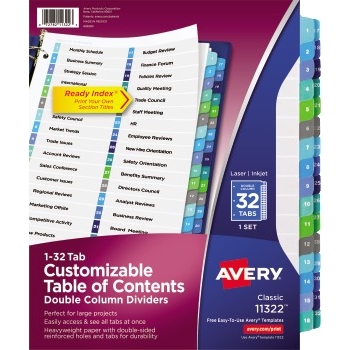 Avery Customizable Table of Contents Double-Column Dividers, Preprinted 1-32 Multicolor Tabs