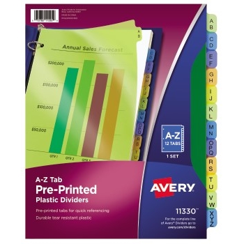 Avery Durable Preprinted Plastic Dividers, 12-Tab Set, A-Z, Multicolor