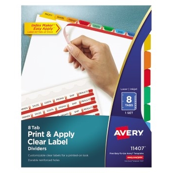 Avery Print &amp; Apply Clear Label Dividers, Index Maker&#174; Easy Apply™ Printable Label Strip, 8 Multicolor Tabs