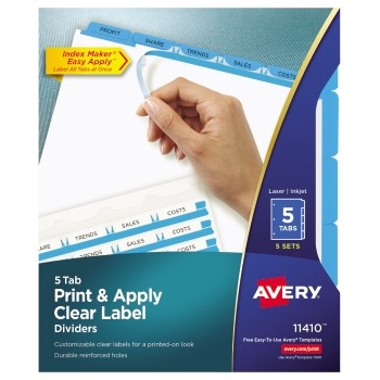 Avery Print &amp; Apply Clear Label Dividers, Index Maker&#174; Easy Apply™ Printable Label Strip, 5 Blue Tabs, 5 ST/PK