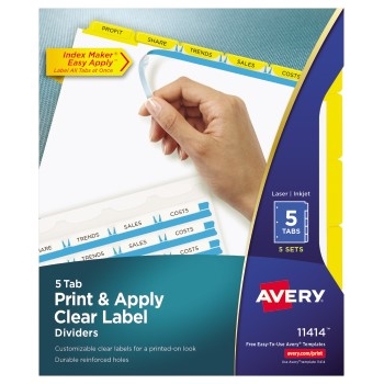 Avery Print &amp; Apply Clear Label Dividers, Index Maker&#174; Easy Apply™ Printable Label Strip, 5 Yellow Tabs, 5 ST/PK