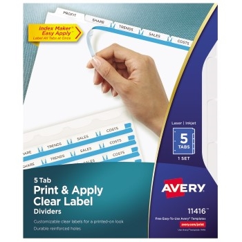 Avery Print &amp; Apply Clear Label Dividers, Index Maker&#174; Easy Apply™ Printable Label Strip, 5 White Tabs, CT