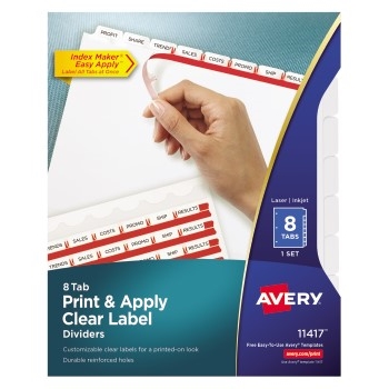 Avery Print &amp; Apply Clear Label Dividers, Index Maker&#174; Easy Apply™ Printable Label Strip, 8 White Tabs