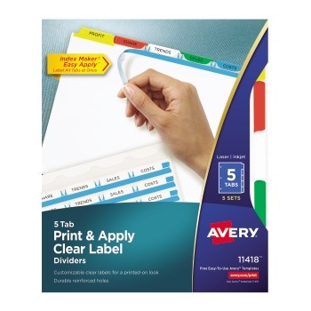 Avery Print &amp; Apply Clear Label Dividers, Index Maker&#174; Easy Apply™ Printable Label Strip, 5 Multicolor Tabs, 5 ST/PK