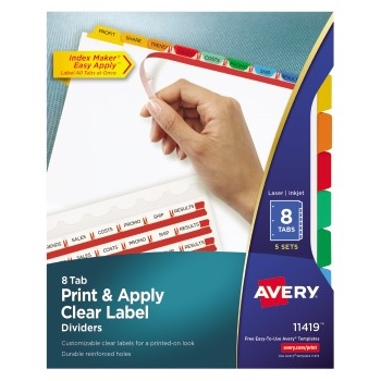 Avery Print &amp; Apply Clear Label Dividers, Index Maker&#174; Easy Apply™ Printable Label Strip, 8 Multicolor Tabs, 5 ST/PK