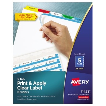 Avery Print &amp; Apply Clear Label Dividers, Index Maker&#174; Easy Apply™ Printable Label Strip, 5 Multicolor Tabs, 25/BX
