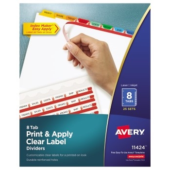 Avery Print &amp; Apply Clear Label Dividers, Index Maker&#174; Easy Apply™ Printable Label Strip, 8 Multicolor Tabs, 25/BX
