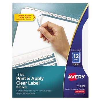 Avery&#174; Print &amp; Apply Clear Label Dividers, Index Maker&#174; Easy Apply™ Printable Label Strip, 12 White Tabs, 5 ST/PK