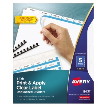 Avery Print &amp; Apply Clear Label Unpunched Dividers, Index Maker&#174; Easy Apply™ Printable Label Strip, 5 White Tabs, 5 ST/PK