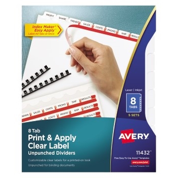 Avery Print &amp; Apply Clear Label Unpunched Dividers, Index Maker&#174; Easy Apply™ Printable Label Strip, 8 White Tabs, 5 ST/PK