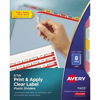 Avery Print &amp; Apply Clear Label Translucent Plastic Dividers, Printable Label Strip, 8 Multicolor Tabs