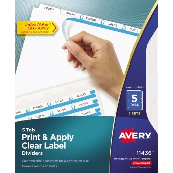 Avery Print &amp; Apply Clear Label Dividers, Index Maker&#174; Easy Apply™ Printable Label Strip, 5 White Tabs, 5 ST/PK