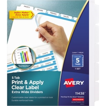 Avery Print &amp; Apply Clear Label Extra-Wide Dividers, Index Maker&#174; Easy Apply™ Printable Label Strip, 5 White Tabs