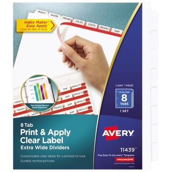 Avery Print &amp; Apply Clear Label Extra-Wide Dividers, Index Maker&#174; Easy Apply™ Printable Label Strip, 8 White Tabs