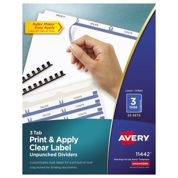 Avery Print &amp; Apply Clear Label Unpunched Dividers, Index Maker&#174; Easy Apply™ Printable Label Strip, 3 White Tabs, 25/BX