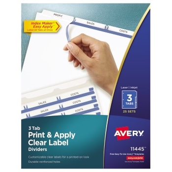 Avery Print &amp; Apply Clear Label Dividers, Index Maker&#174; Easy Apply™ Printable Label Strip, 3 White Tabs, 25/BX