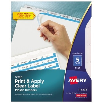 Avery Print &amp; Apply Clear Label Translucent Plastic Dividers, Index Maker&#174; Easy Apply™ Printable Label Strip, 5 Frosted Tabs