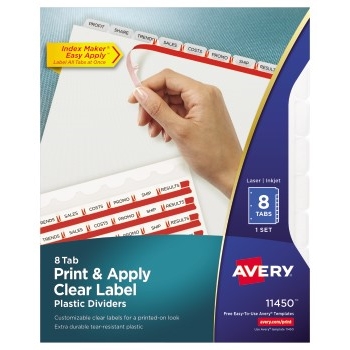 Avery Print &amp; Apply Clear Label Translucent Plastic Dividers, Index Maker&#174; Easy Apply™ Printable Label Strip, 8 Frosted Tabs
