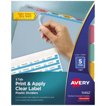 Avery Print &amp; Apply Clear Label Translucent Plastic Dividers, Printable Label Strip, 5 Multicolor Tabs
