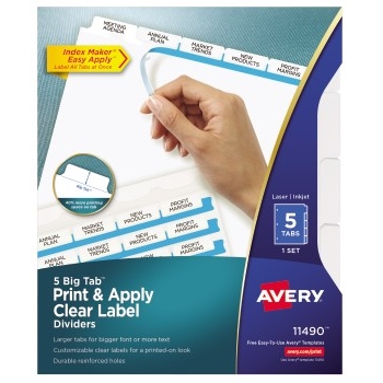 Avery Big Tab™ Print &amp; Apply Clear Label Dividers, Index Maker&#174; Easy Apply™ Printable Label Strip, 5 White Tabs