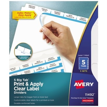 Avery Big Tab™ Print &amp; Apply Clear Label Dividers, Index Maker&#174; Easy Apply™ Printable Label Strip, 5 White Tabs, 5 ST/PK