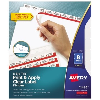 Avery Big Tab™ Print &amp; Apply Clear Label Dividers, Index Maker&#174; Easy Apply™ Printable Label Strip, 8 White Tabs, 5 ST/PK