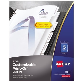 Avery Print-On™ Dividers, 5 Tabs, 5 ST/PK