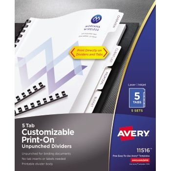 Avery Unpunched Print-On™ Dividers, 5 Tabs, 5 ST/PK