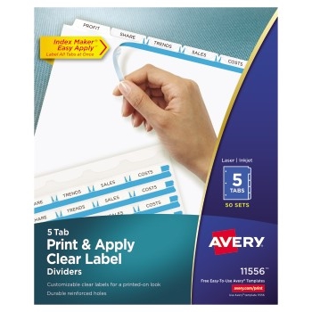 Avery Print &amp; Apply Clear Label Dividers, Index Maker&#174; Easy Apply™ Printable Label Strip, 5 White Tabs, 50/BX
