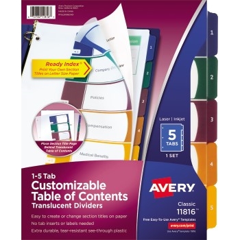 Avery Customizable Table of Contents Translucent Plastic Dividers, Preprinted 1-5 Multicolor Tabs