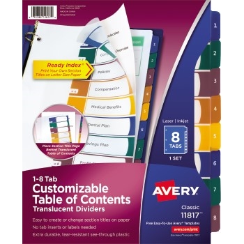 Avery Customizable Table of Contents Translucent Plastic Dividers, Preprinted 1-8 Multicolor Tabs