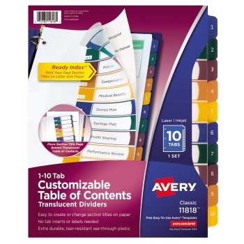 Avery Customizable Table of Contents Translucent Plastic Dividers, Preprinted 1-10 Multicolor Tabs