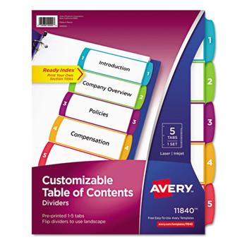 Avery Customizable Table of Contents Dividers, Ready Index&#174; Printable Section Titles, Preprinted 1-5 Arched Multicolor Tabs
