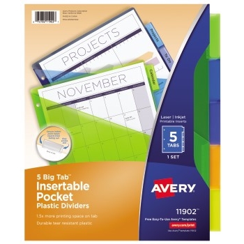 Avery Big Tab™ Insertable Plastic Dividers with Pockets, 5-Tab Set, Multicolor