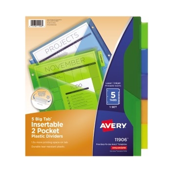 Avery Big Tab™ Insertable Two-Pocket Plastic Dividers, 5-Tab Set, Multicolor