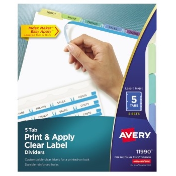 Avery Print &amp; Apply Clear Label Dividers, Index Maker&#174; Easy Apply™ Printable Label Strip, 5 Pastel Tabs, 5 ST/PK