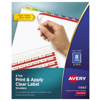 Avery Print &amp; Apply Clear Label Dividers, Index Maker&#174; Easy Apply™ Printable Label Strip, 8 Pastel Tabs, 25/BX
