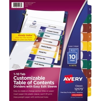Avery Customizable Table of Contents Dividers, Ready Index&#174; Easy Edit Sleeve, Preprinted 1-10 Multicolor Tabs, 6 ST/PK
