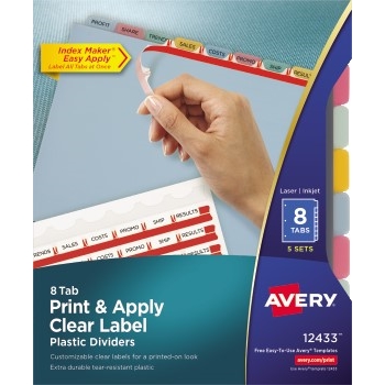 Avery Print &amp; Apply Label Strip Translucent Plastic Dividers, 8 Multicolor Tabs, 5 ST/PK