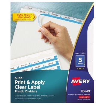 Avery Print &amp; Apply Clear Label Translucent Plastic Dividers, 5 Frosted Tabs, 5 ST/PK