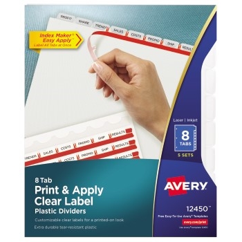 Avery Print &amp; Apply Clear Label Translucent Plastic Dividers, 8 Frosted Tabs, 5 ST/PK